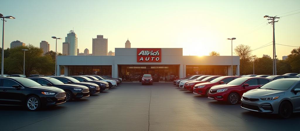 Allrich Auto dealership lot with diverse vehicles and Atlanta skyline