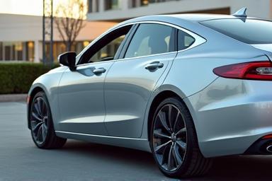 Pre-owned silver sedan parked on dealership lot